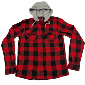 Amnesia Red Black Buffalo Plaid Men's Small Casual Button Down Shirt Grey Hood